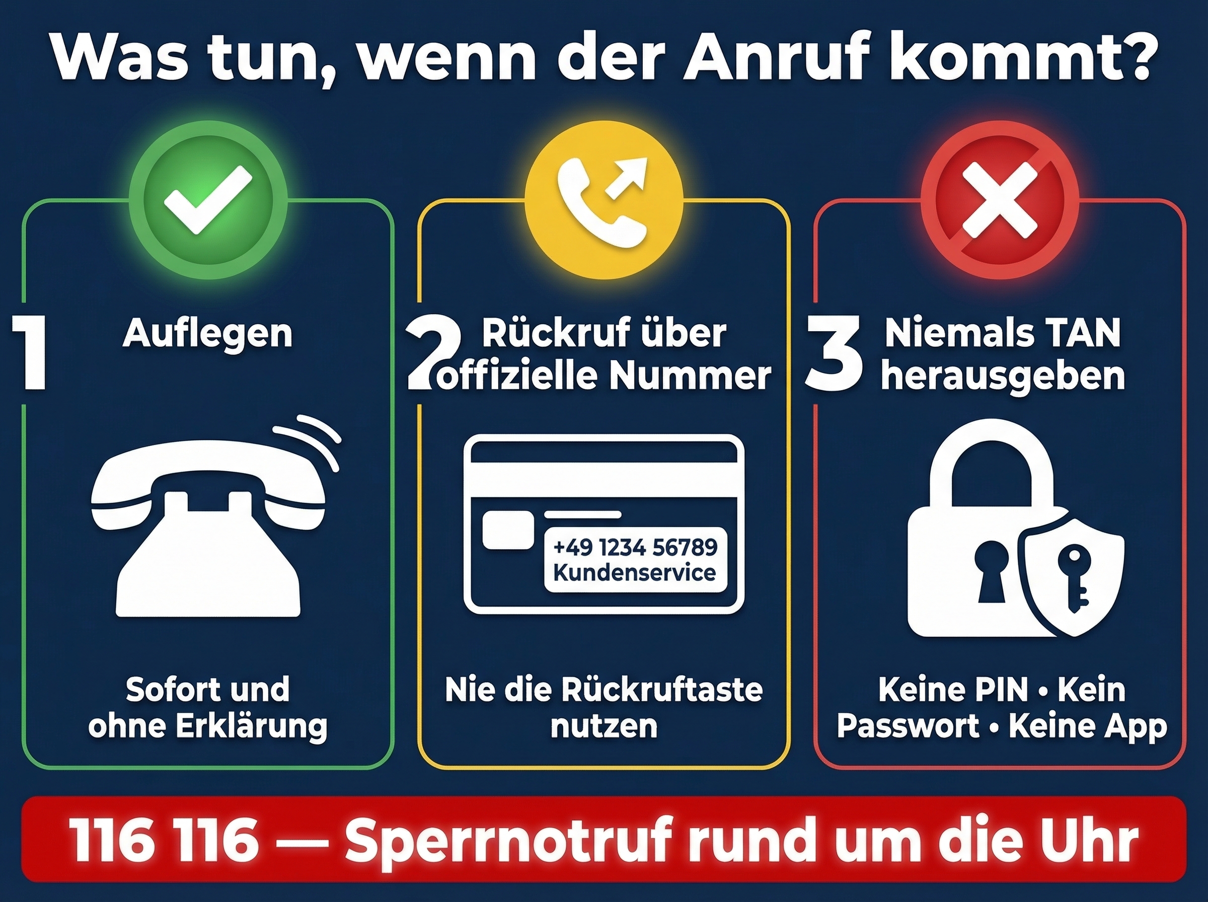 Infografik mit Notfallplan nach einem falschen Bankanruf