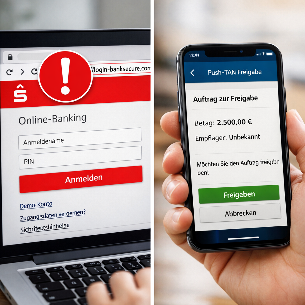 Vergleich zwischen gefälschtem Login und echter TAN-Anfrage