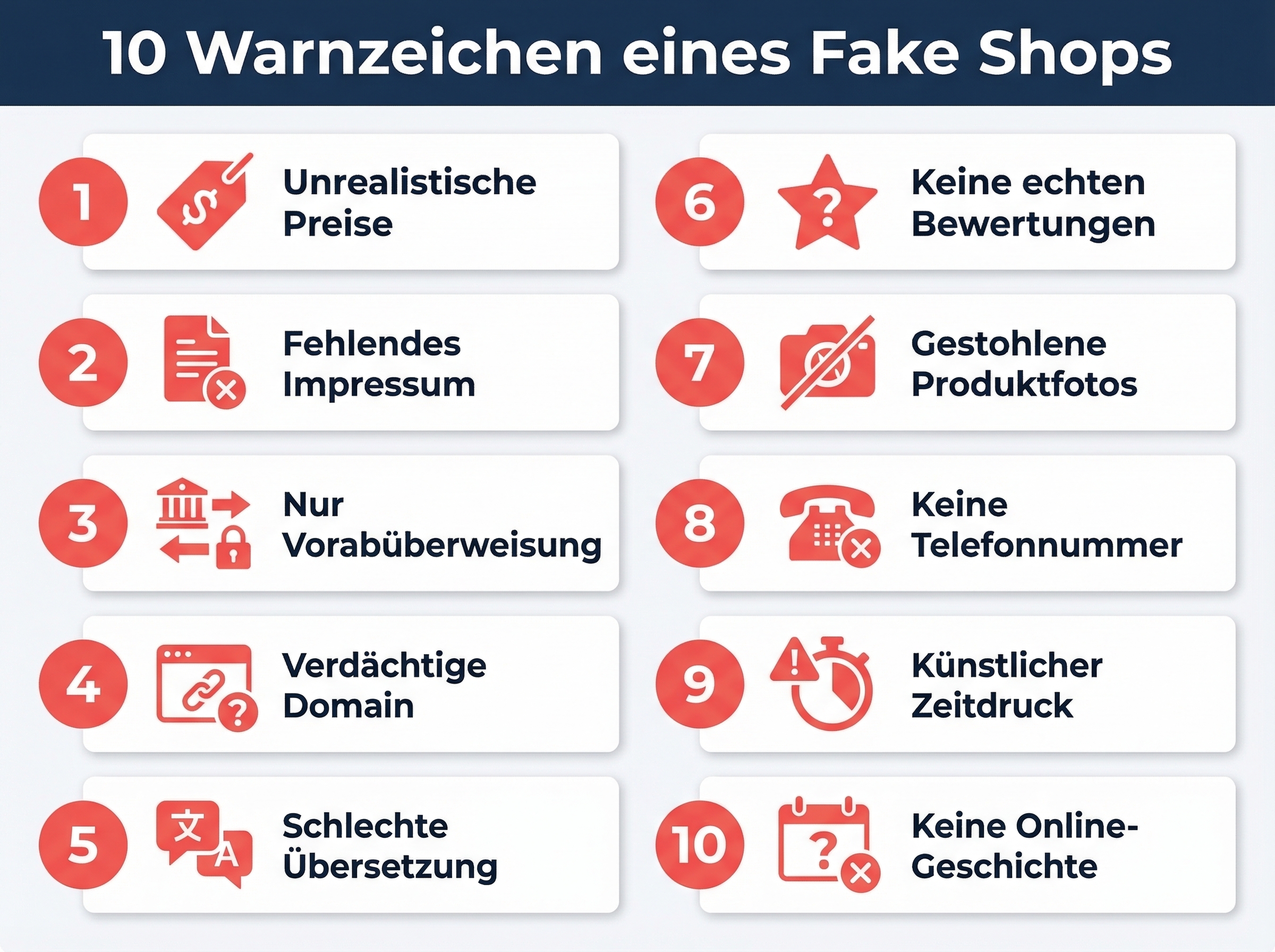 Infografik mit zehn Warnzeichen eines Fake Shops