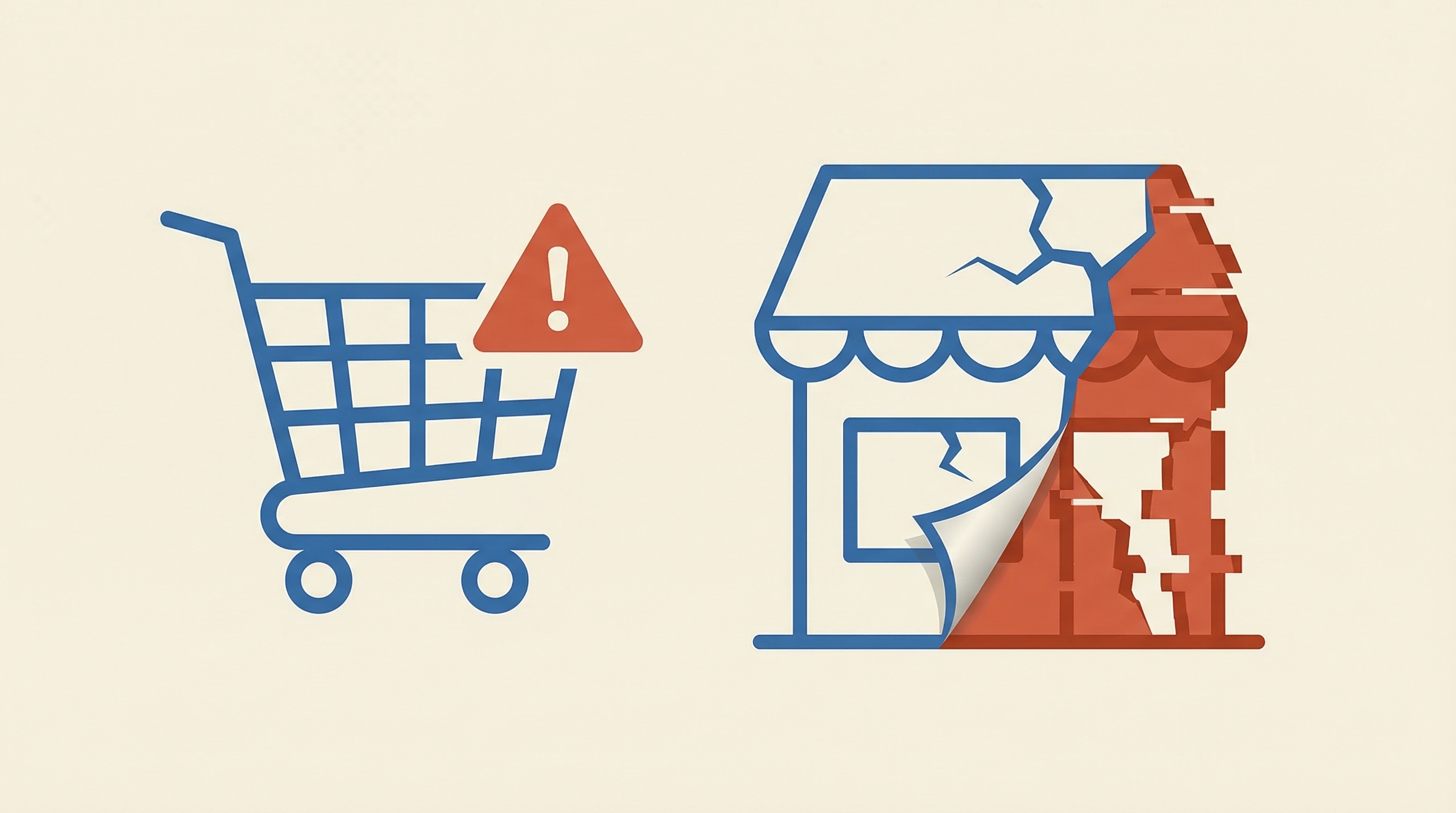 Fake-Shop erkennen: Einkaufswagen mit Warnung und entlarvte Shop-Fassade