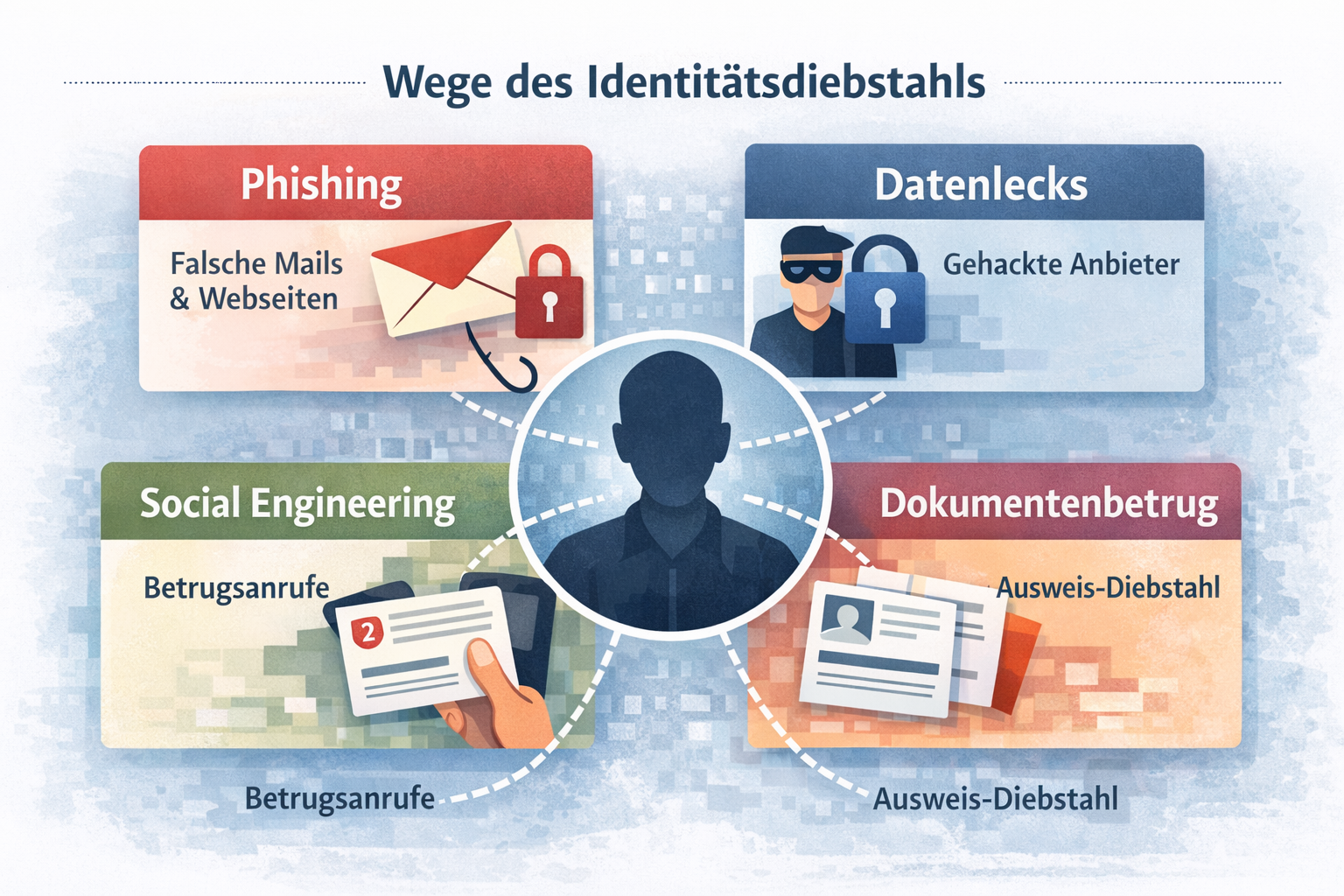 Infografik zu typischen Angriffspfaden bei Identitätsdiebstahl