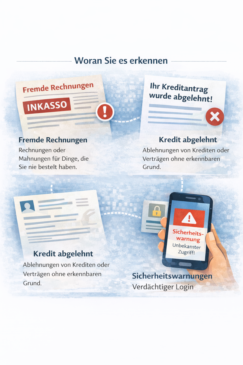 Beispiele für Warnsignale bei Identitätsdiebstahl