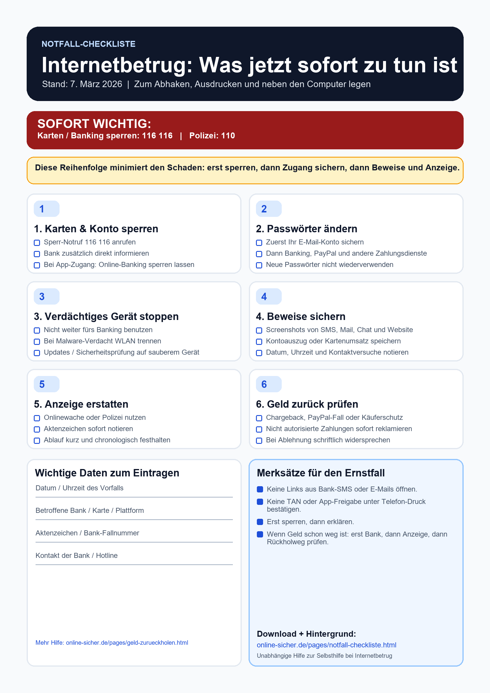 Vorschau der Notfall-Checkliste bei Internetbetrug