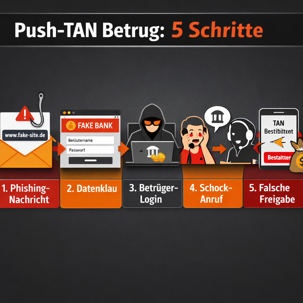 Infografik zum Ablauf von Push-TAN-Betrug