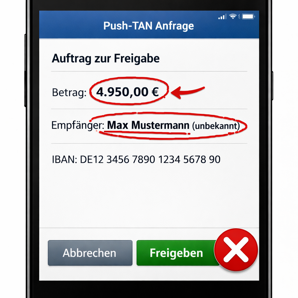 Auffällige Push-TAN-Anfrage mit markierten Warnzeichen